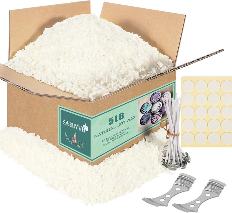 SAEUYVB Soy Candle Wax for Candle Making - Natural Soy Wax Flakes 5 lbs Bag, 20 Cotton Candle Wicks, 20 Wick Stickers & 2 Centering Devices - Image 1